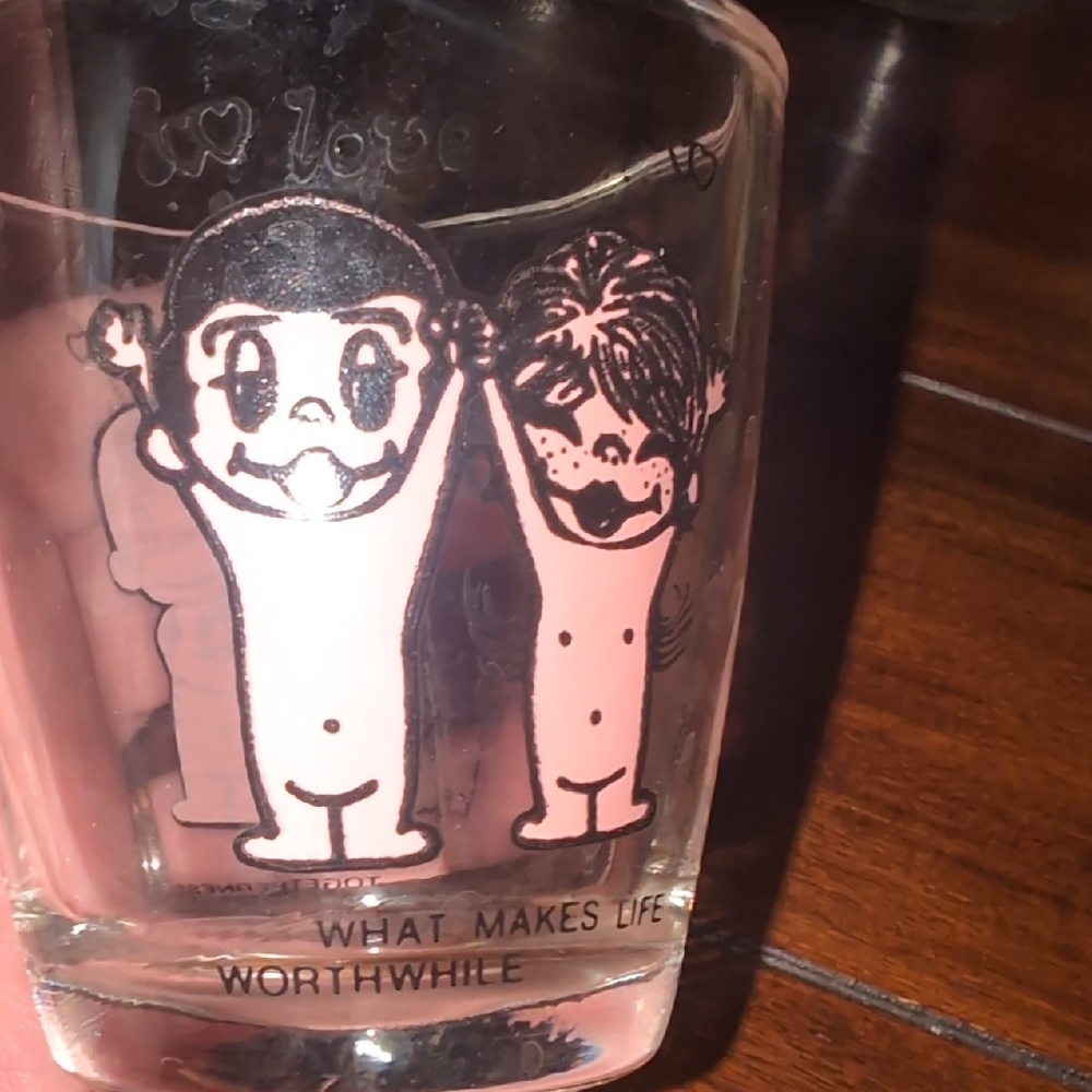 Love Is ...Cute Cartoon Glass with Pink And Black Design 1970's